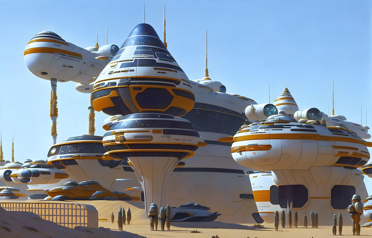 Futuristic cityscape with dome-topped buildings and flying vehicles in desert setting