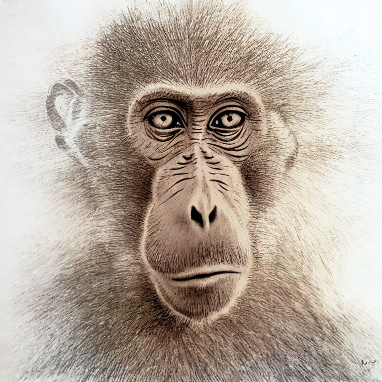 Detailed pencil sketch of a baboon with focused gaze and expressive eyes