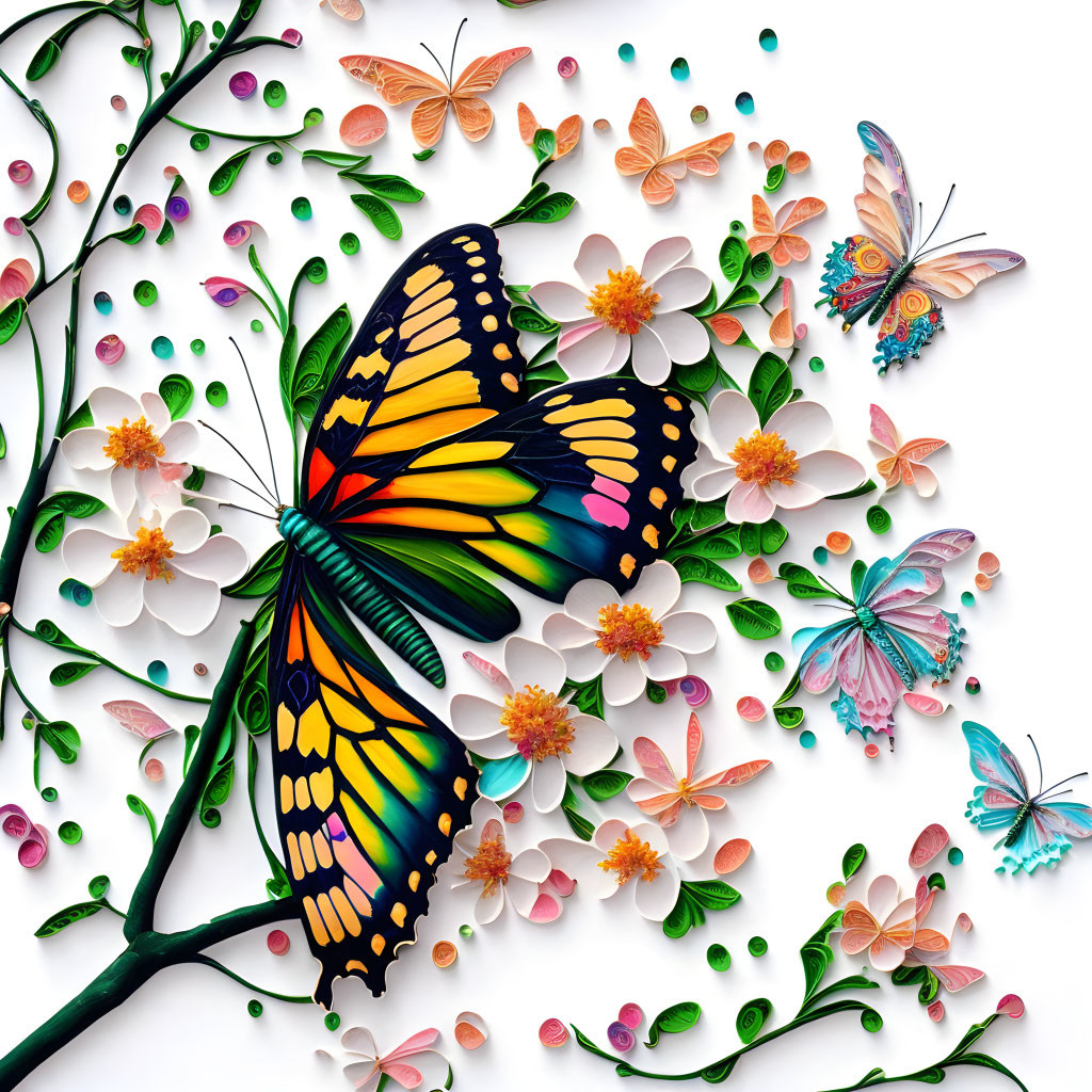 Vibrant paper art with butterflies, flowers, and cut-outs on white background