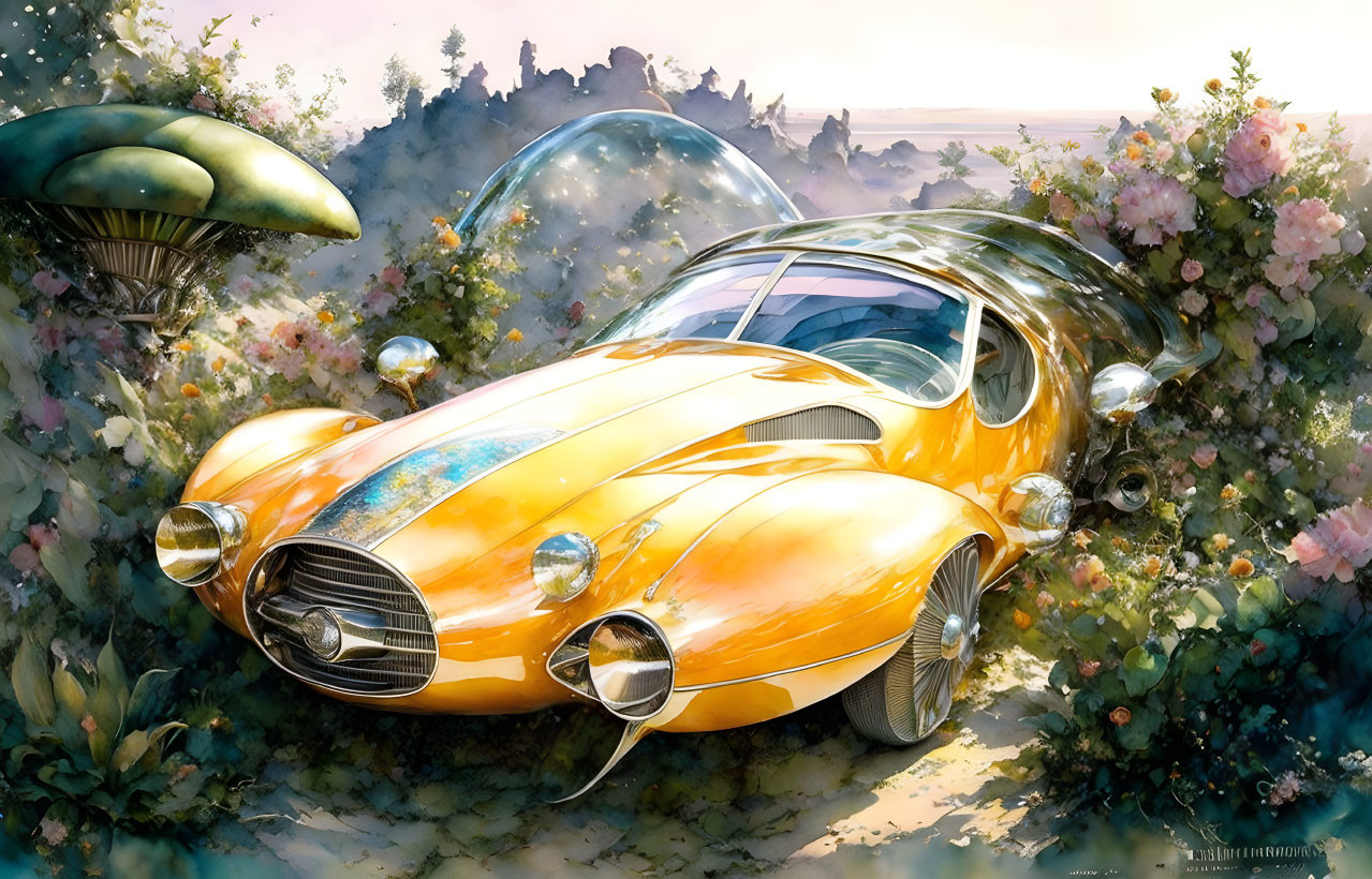 Whimsical futuristic orange car in flower-filled landscape