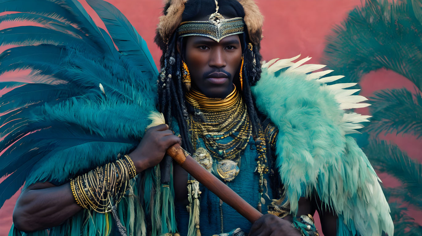 Person in Tribal Regalia with Headdress, Beads, Feathers, and Staff on Red Background