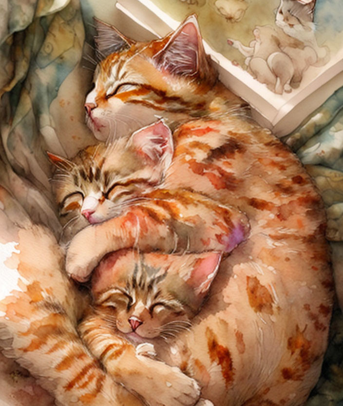 Cozy Watercolor Illustration of Two Orange Tabby Kittens Cuddling with Book