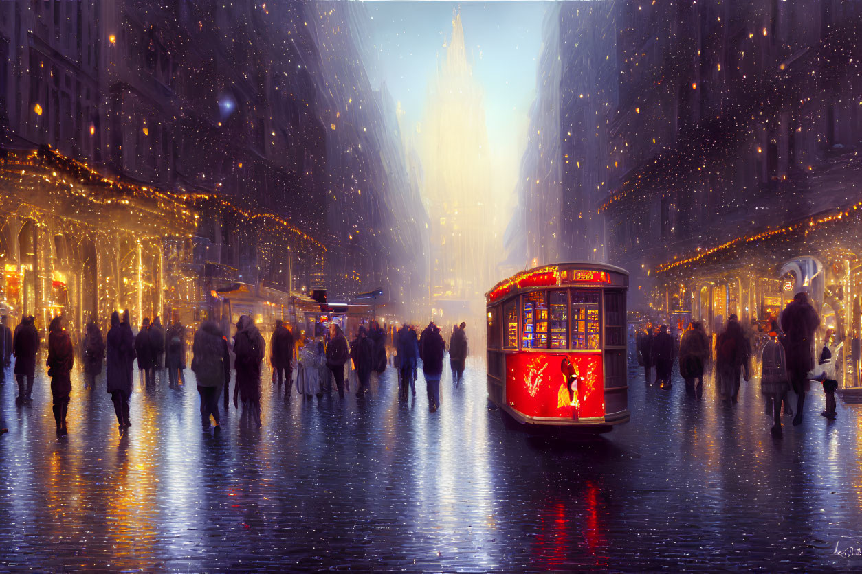 Night city street with vintage tram, fairy lights, snowfall, and glowing cityscape