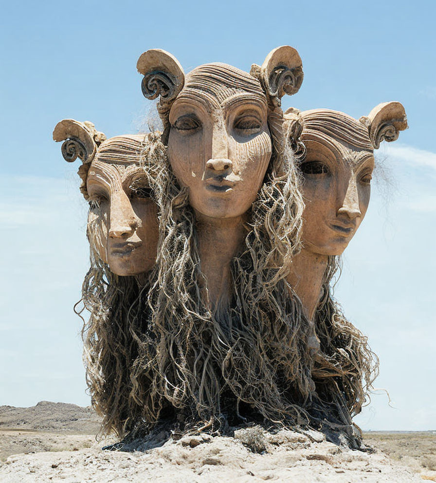 Three stylized sculpted heads with wavy hair and horn-like curls on barren landscape.