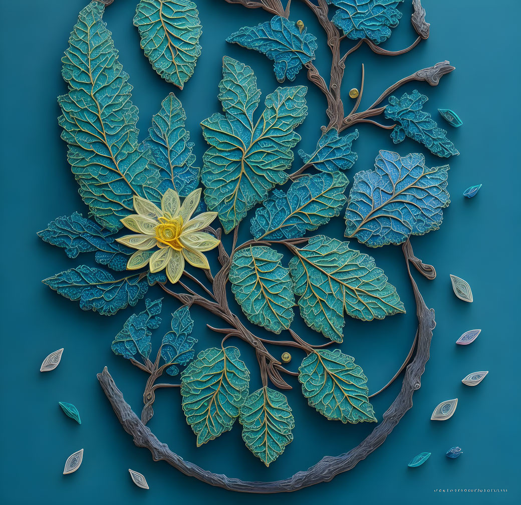 Textured leaves and yellow flower on teal backdrop with 3D effect