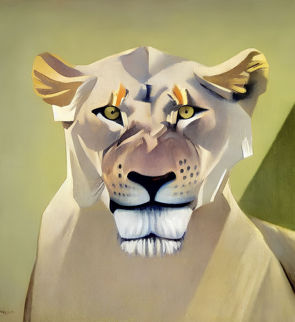 Stylized lioness painting with intense yellow eyes