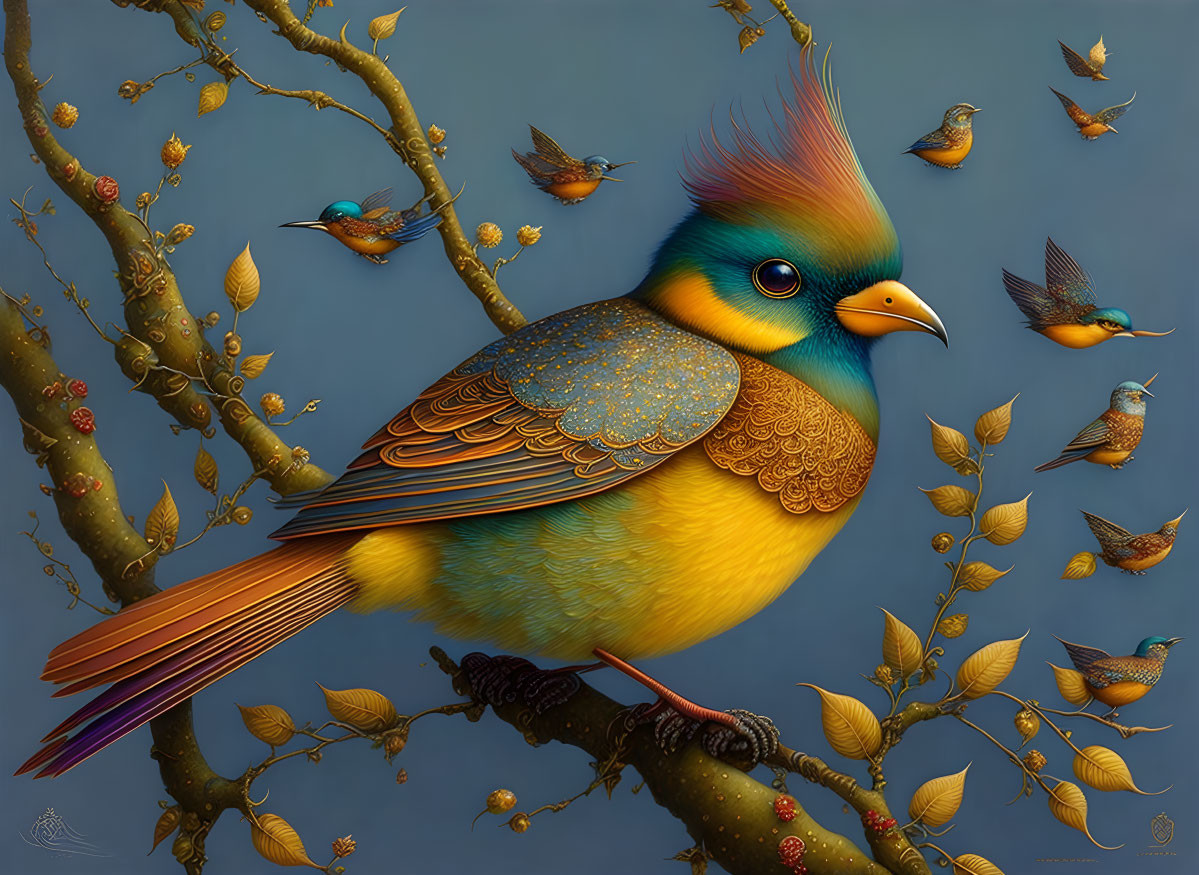 Colorful Fantastical Bird with Intricate Patterns Perched on Branch