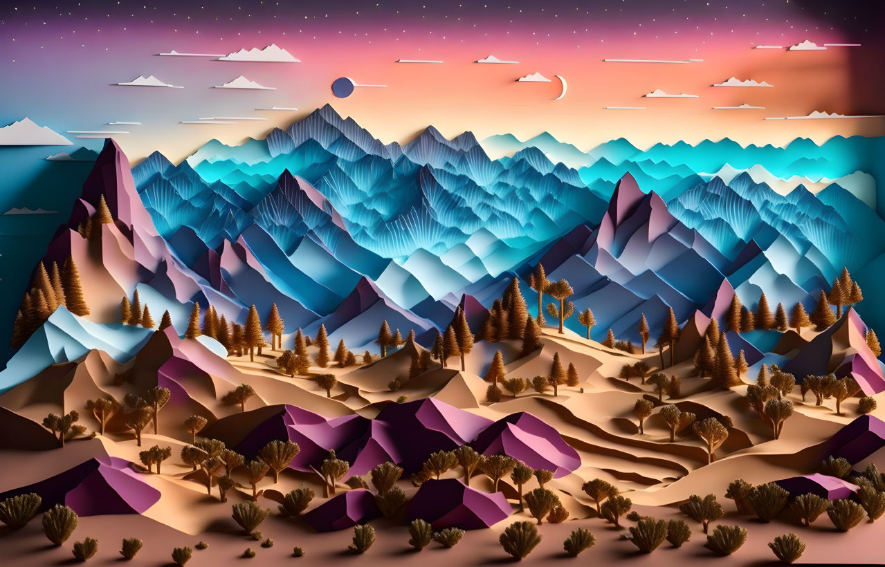 Stylized sunset landscape with purple mountains, golden desert, and starry sky