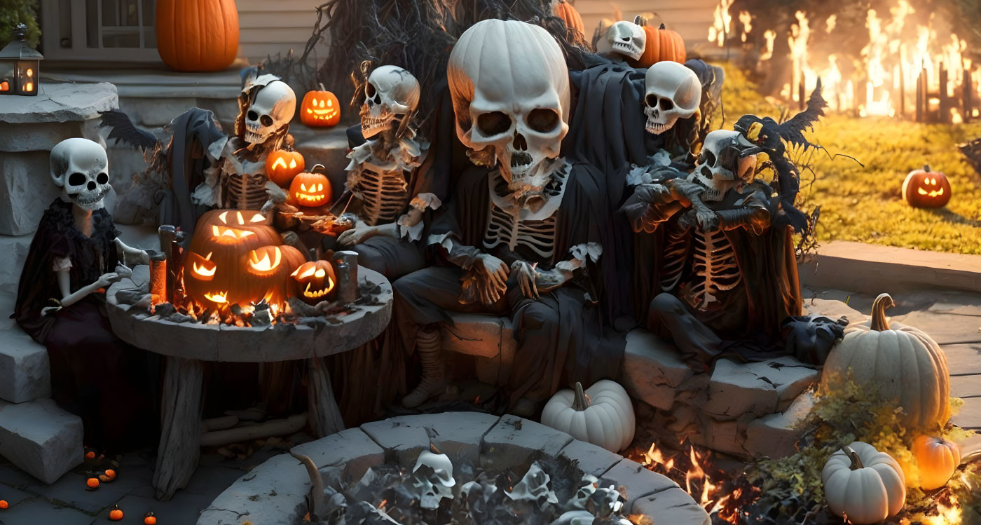 Skeleton Decorations with Glowing Pumpkin Heads Gather Around Autumnal Table