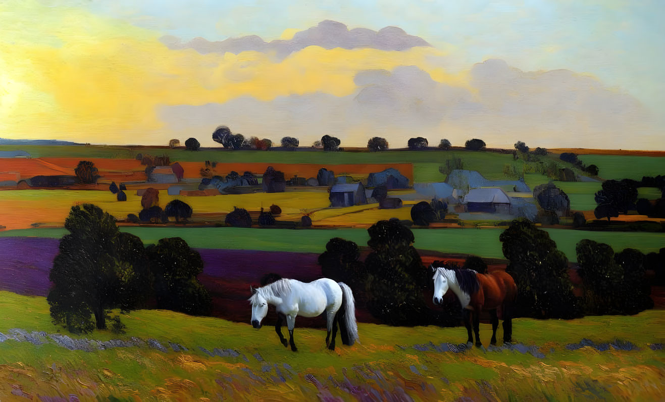 Vibrant sunset scene: two horses in hilly pasture with farm buildings in golden sky