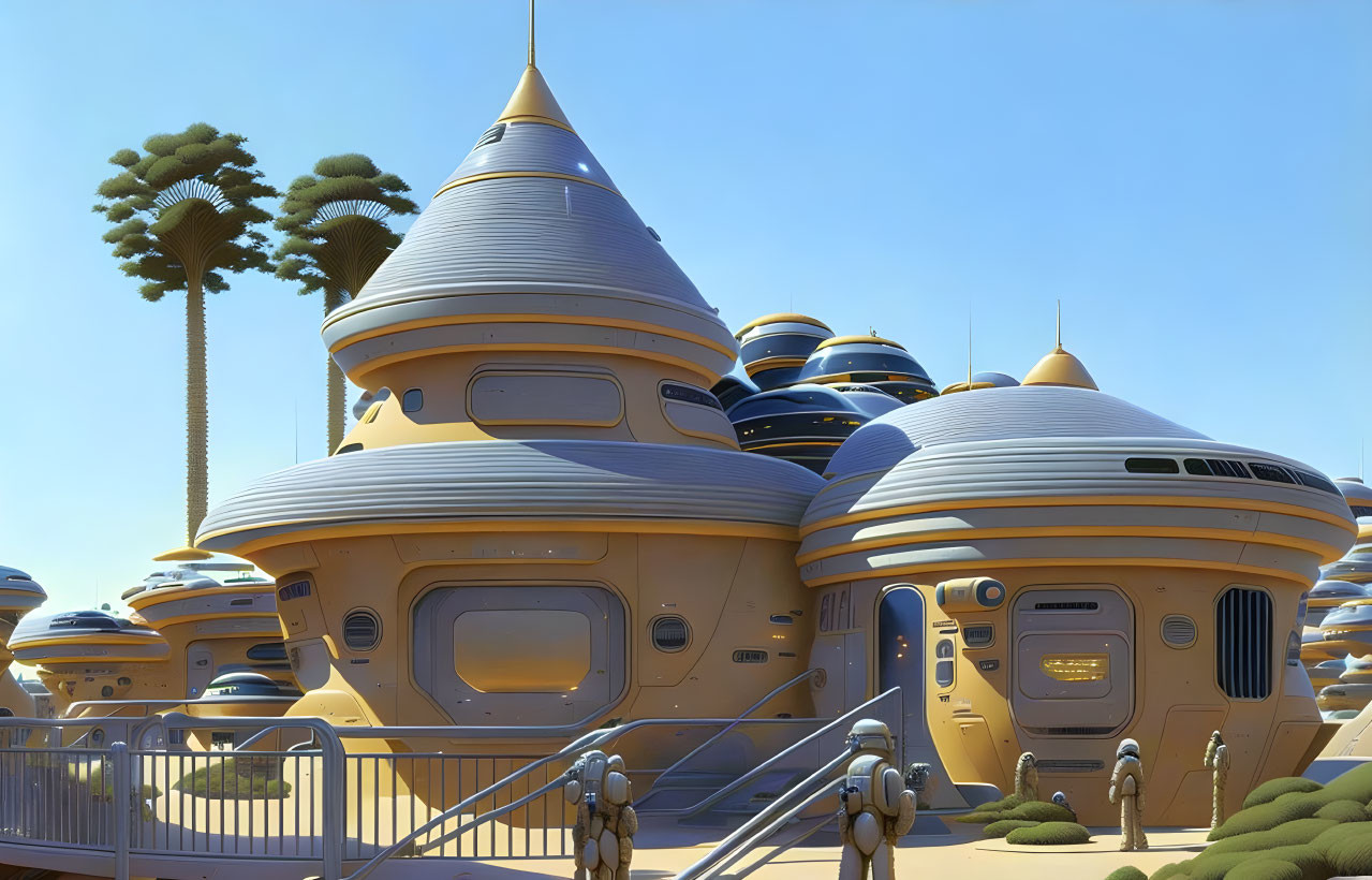 Futuristic domed buildings with conical roofs in a desert setting