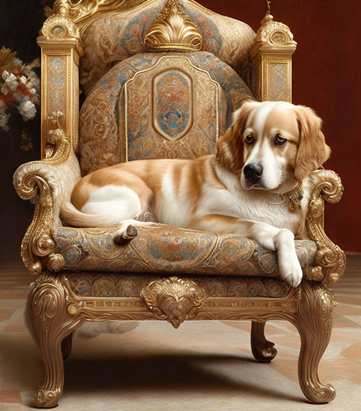 Beige and White Dog Lounging on Ornate Golden Chair