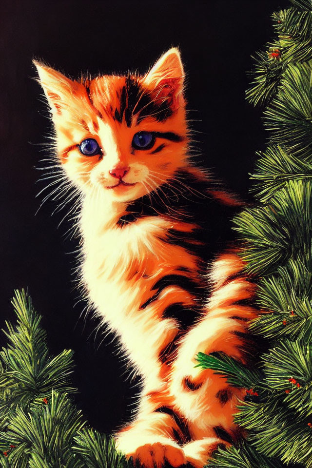 Orange and White Kitten with Blue Eyes Beside Green Pine Branches