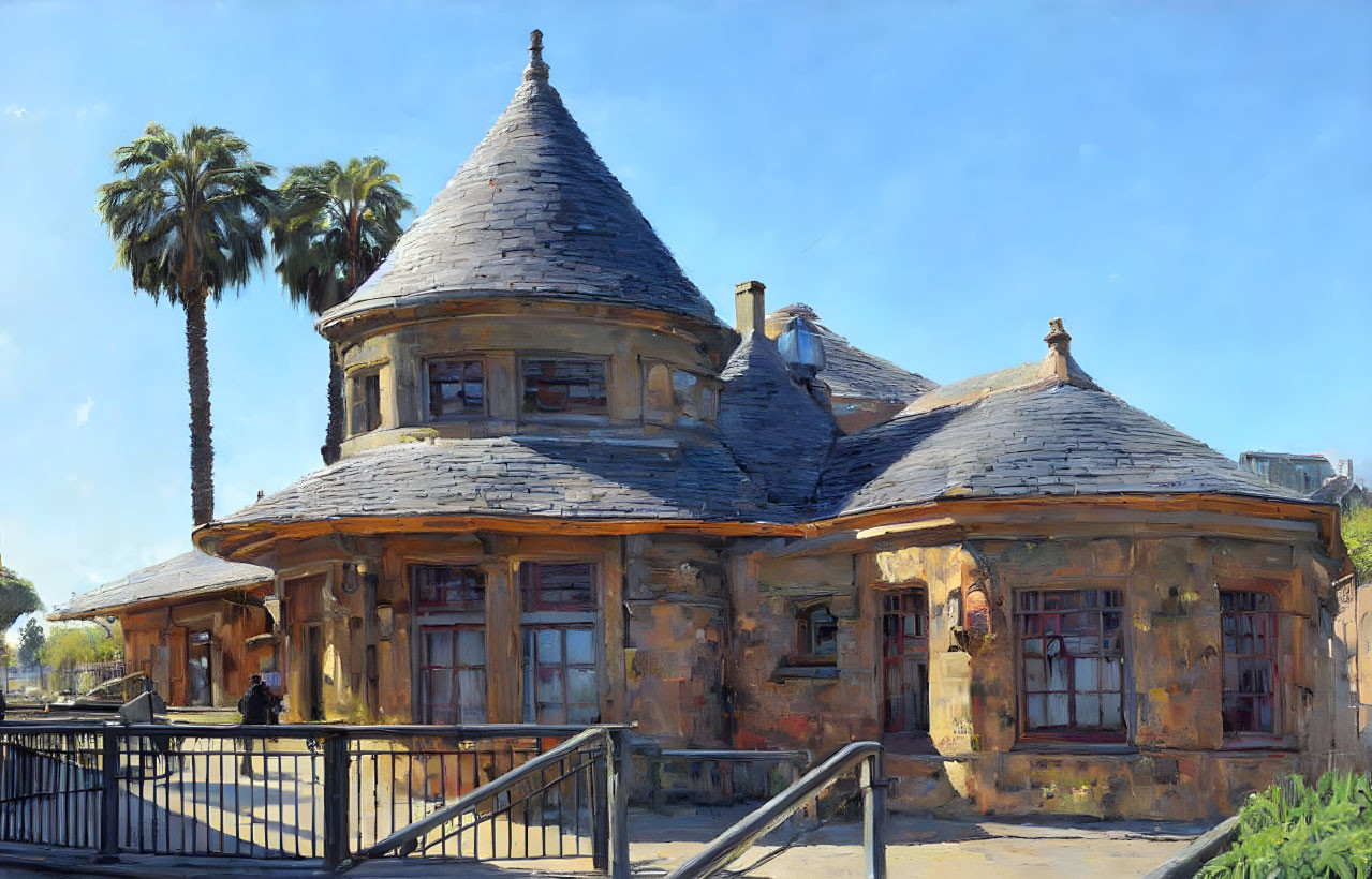 Victorian-style roundhouse with conical roofs and palm trees under clear sky, person on bench