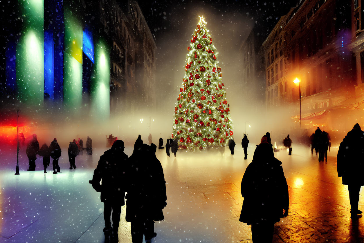 Crowd admires festive Christmas tree in snowy city square