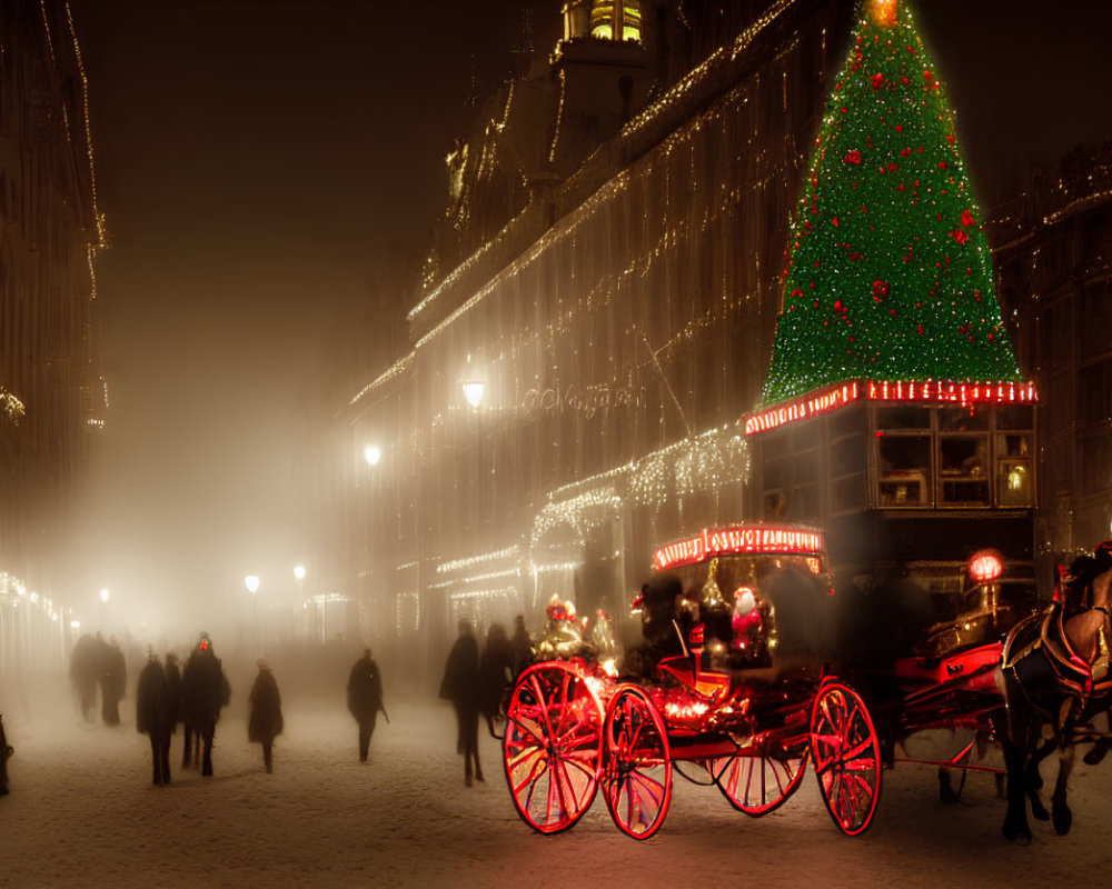 Snow-covered street with horse-drawn carriage, Christmas tree, and festive lights