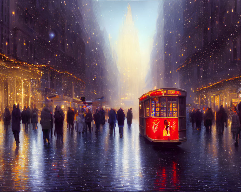 Night city street with vintage tram, fairy lights, snowfall, and glowing cityscape