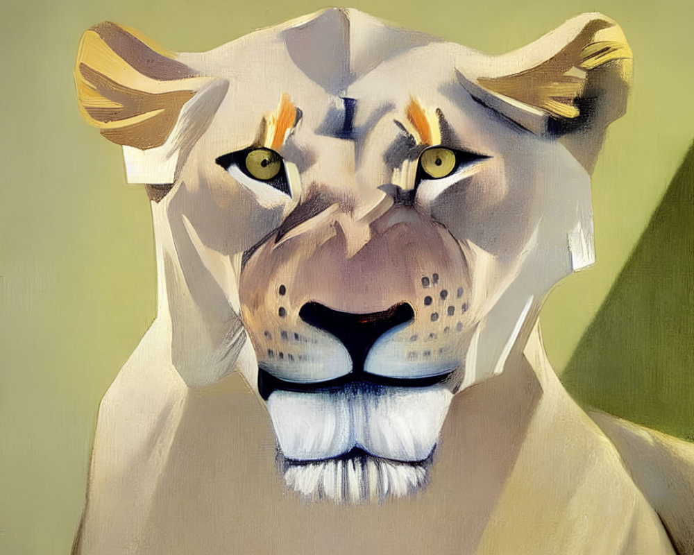 Stylized lioness painting with intense yellow eyes