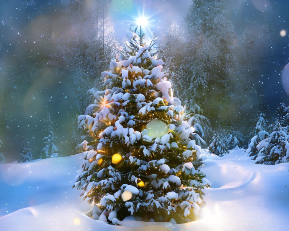 Snow-covered Christmas tree with warm lights in snowy landscape