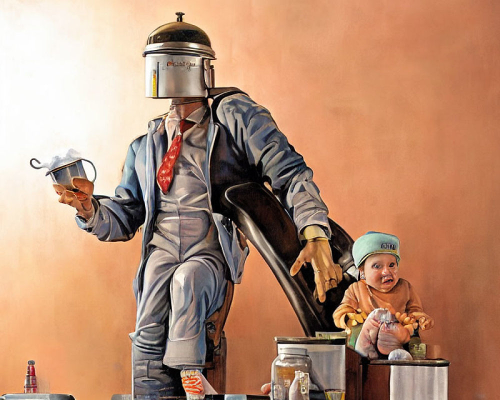 Robot in Suit and Tie Painting Next to Baby with Construction Helmet