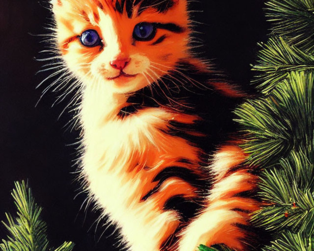 Orange and White Kitten with Blue Eyes Beside Green Pine Branches