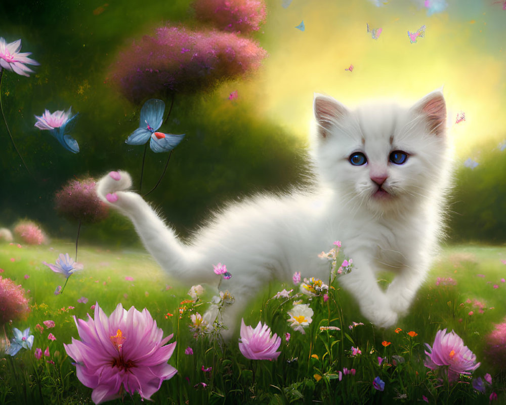 Fluffy white kitten in vibrant flower meadow