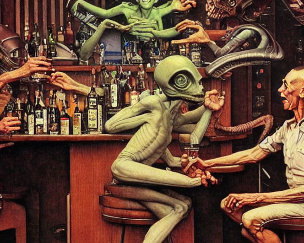 Futuristic bar scene with robots, alien, and human patrons