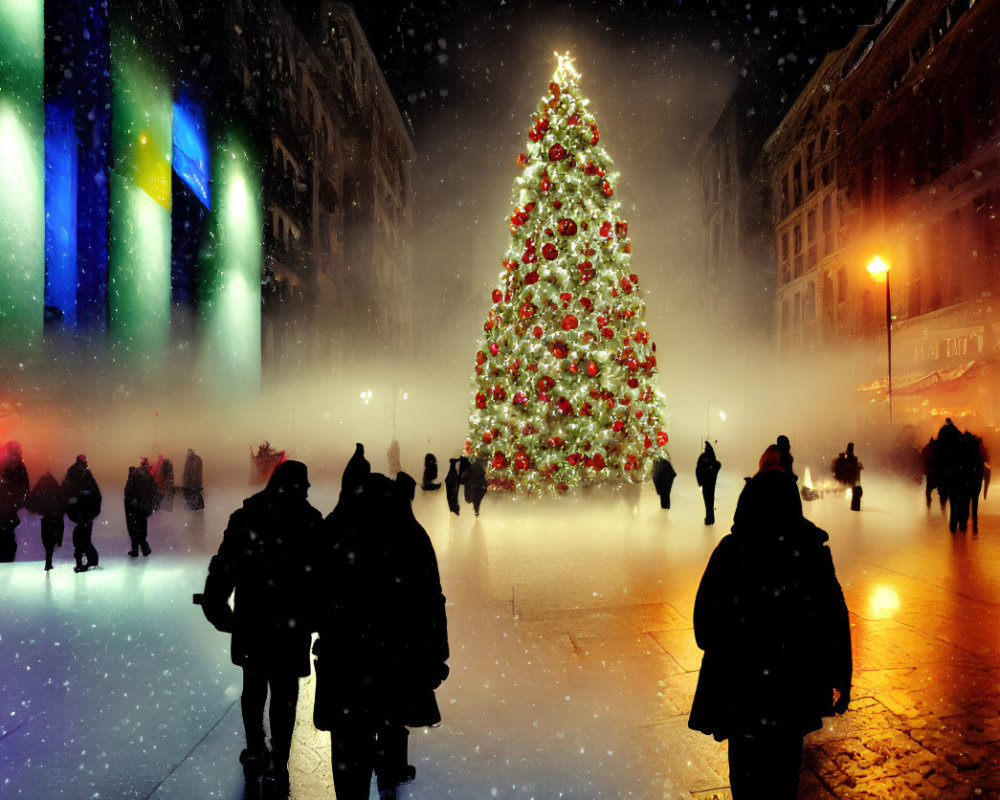 Crowd admires festive Christmas tree in snowy city square