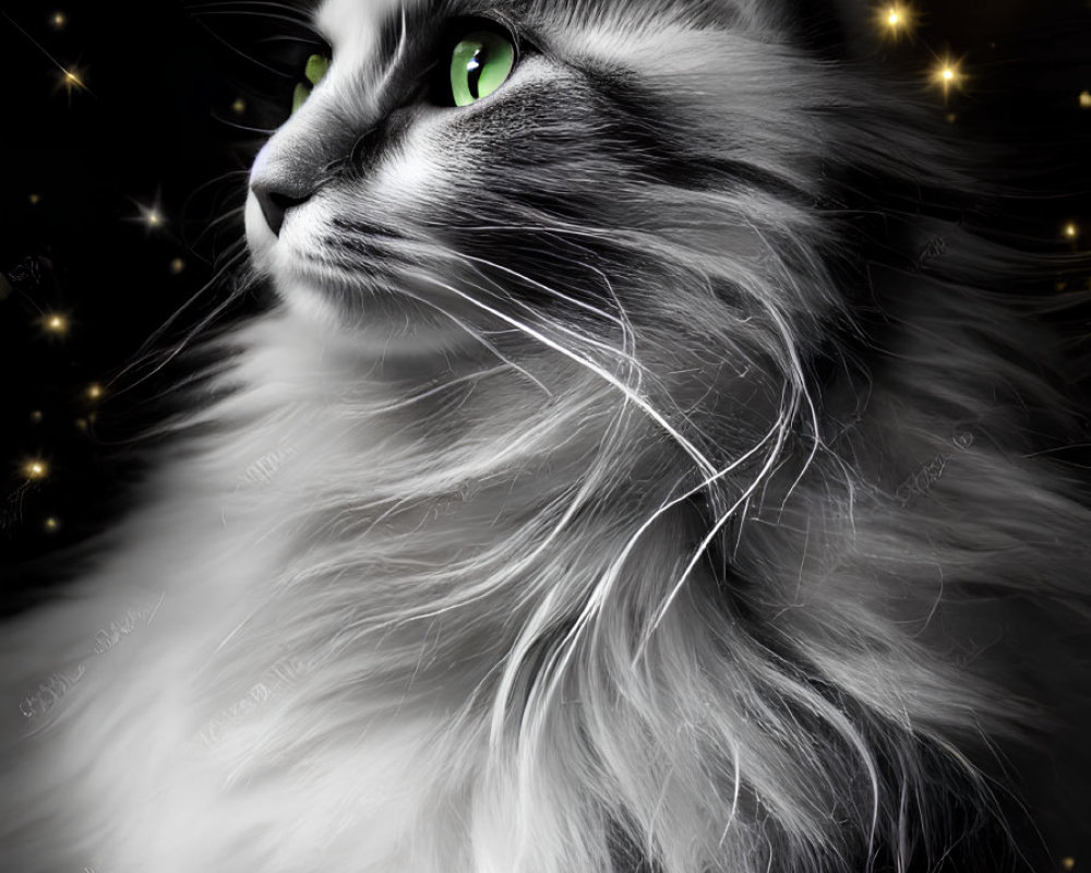 Long-Haired Cat with Green Eyes in Starry Night Scene