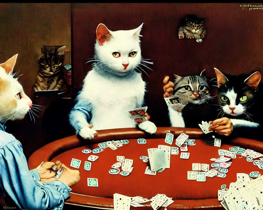 Anthropomorphic Cats Playing Poker Around Circular Table