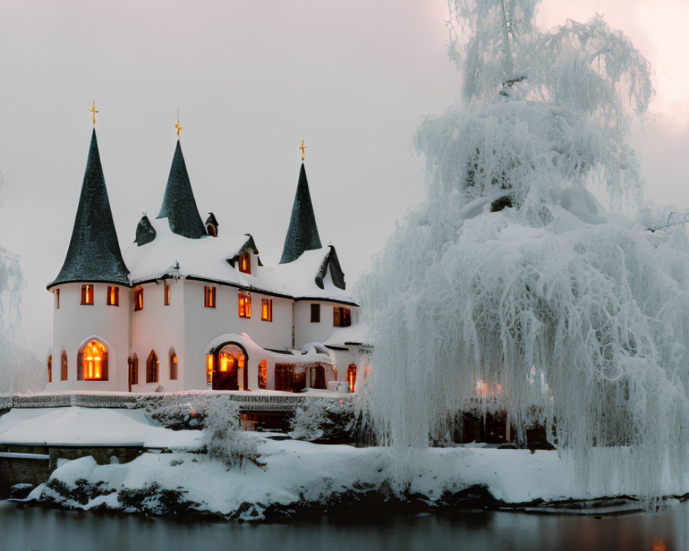 Snowy Twilight Scene: White Castle, Frozen Trees, Tranquil River