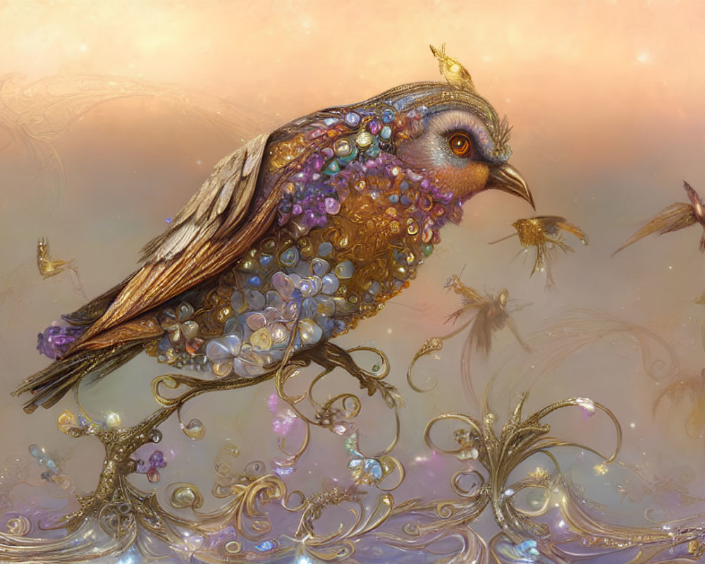 Exquisite jewel-encrusted bird in ethereal setting