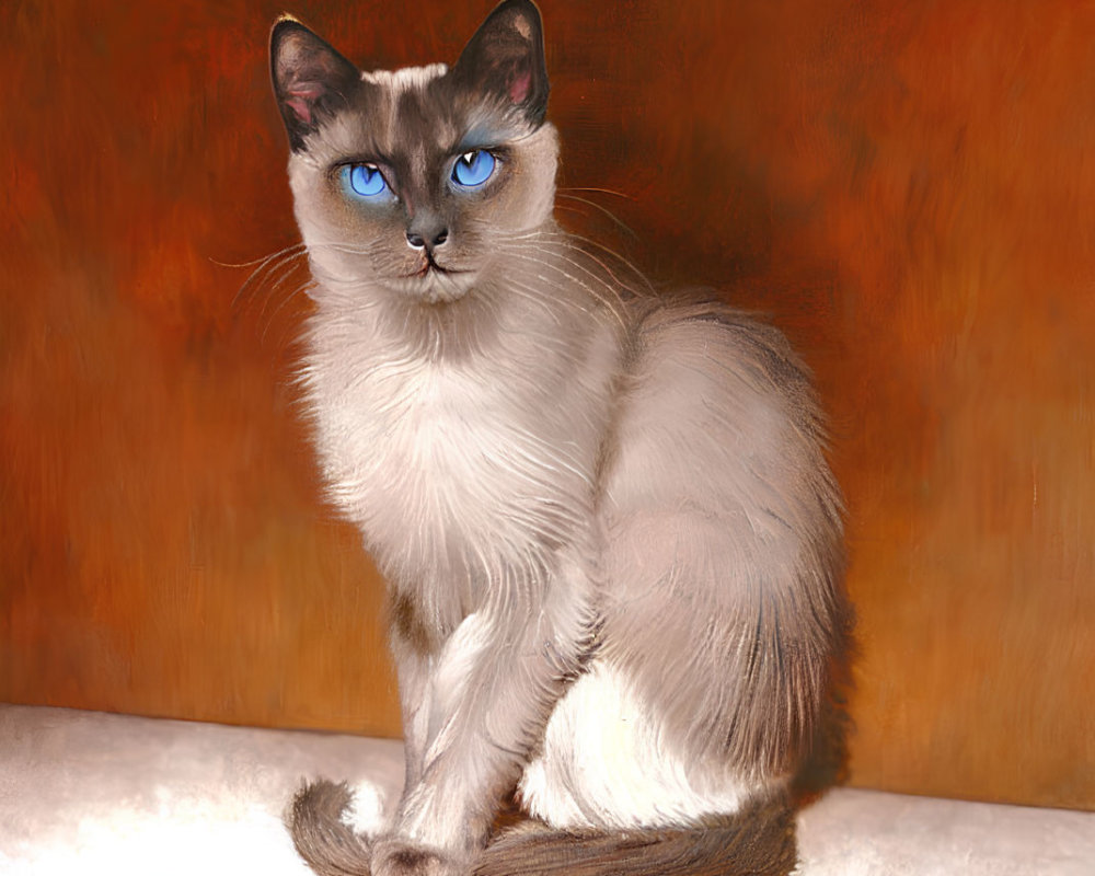 Siamese Cat with Blue Eyes and Creamy Coat Against Brown Background