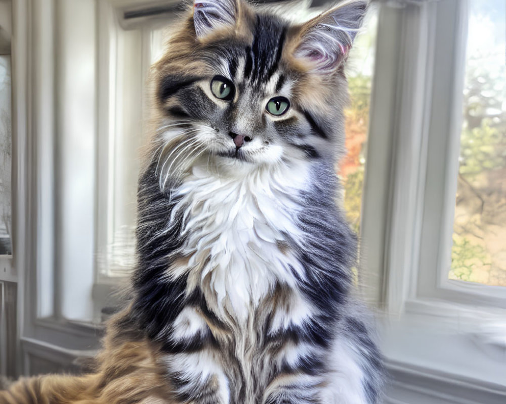 Long-Haired Tabby Cat with Green Eyes Sitting by Sunlit Window