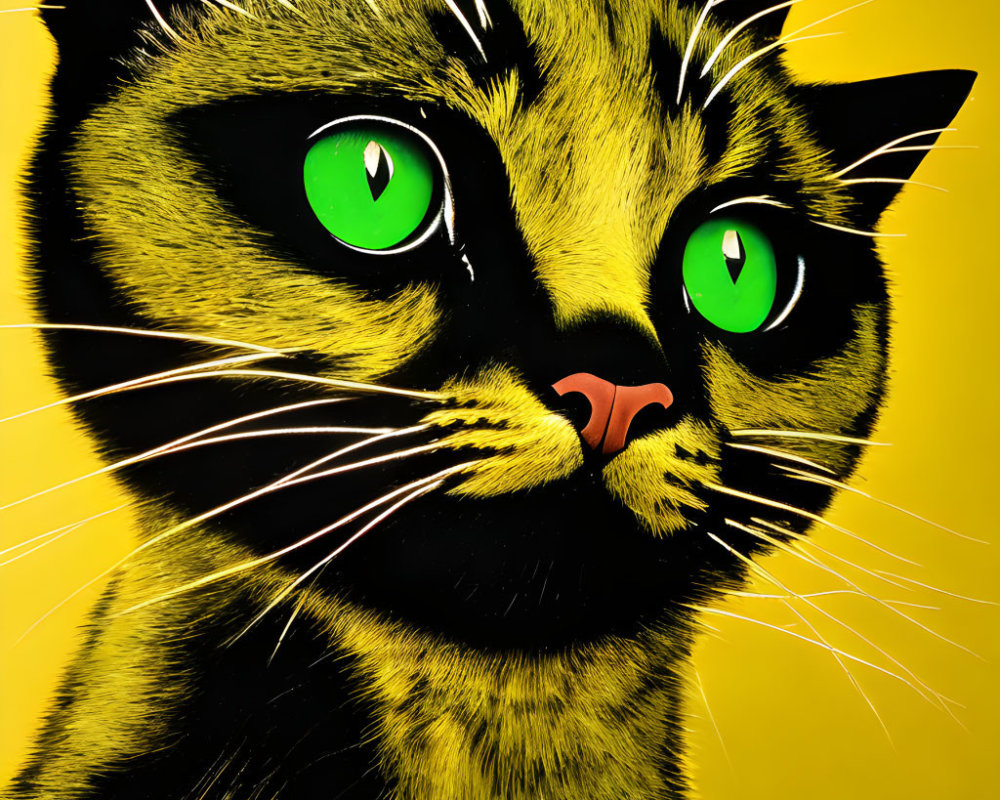 Stylized cat with green eyes and black/yellow fur on yellow backdrop