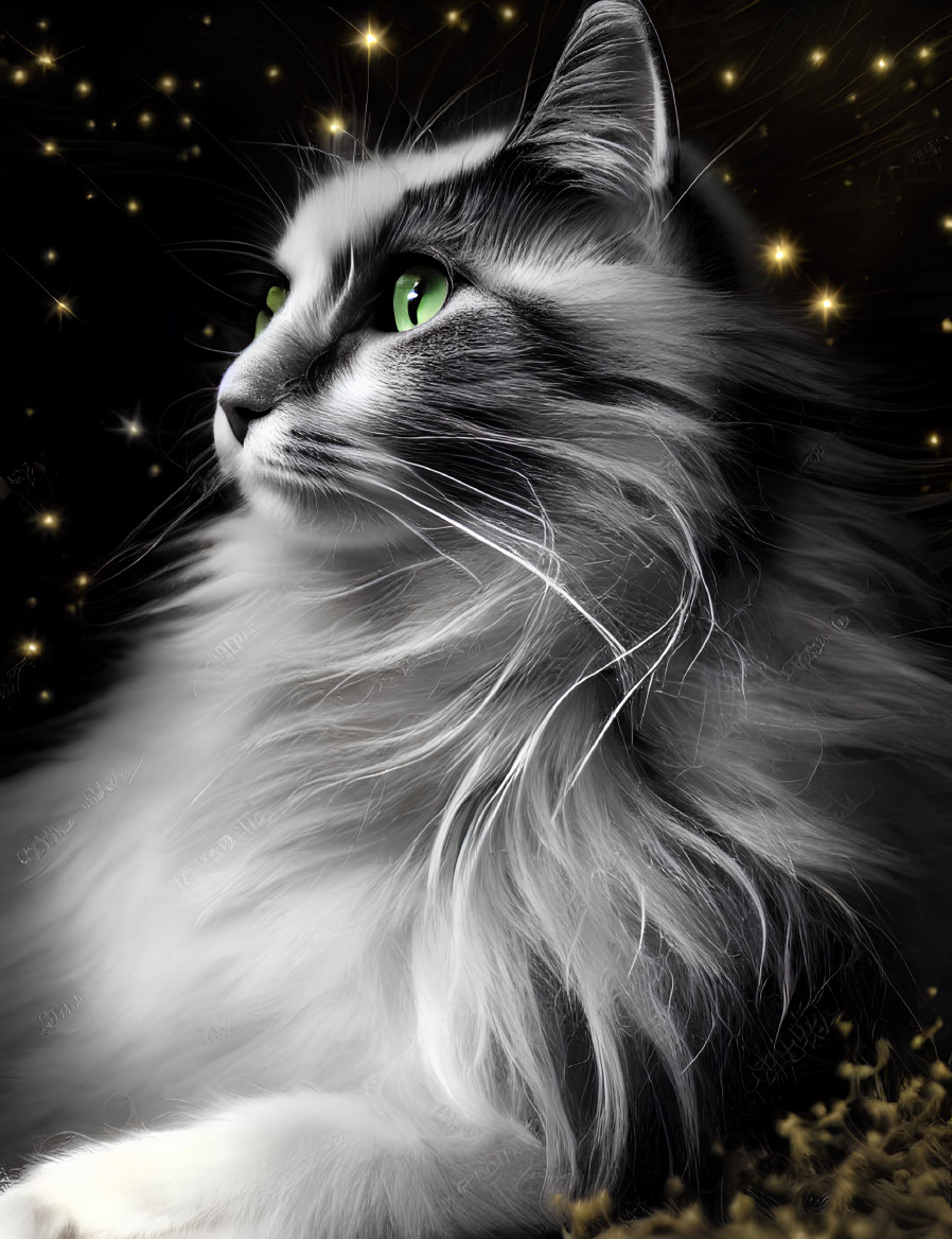 Long-Haired Cat with Green Eyes in Starry Night Scene