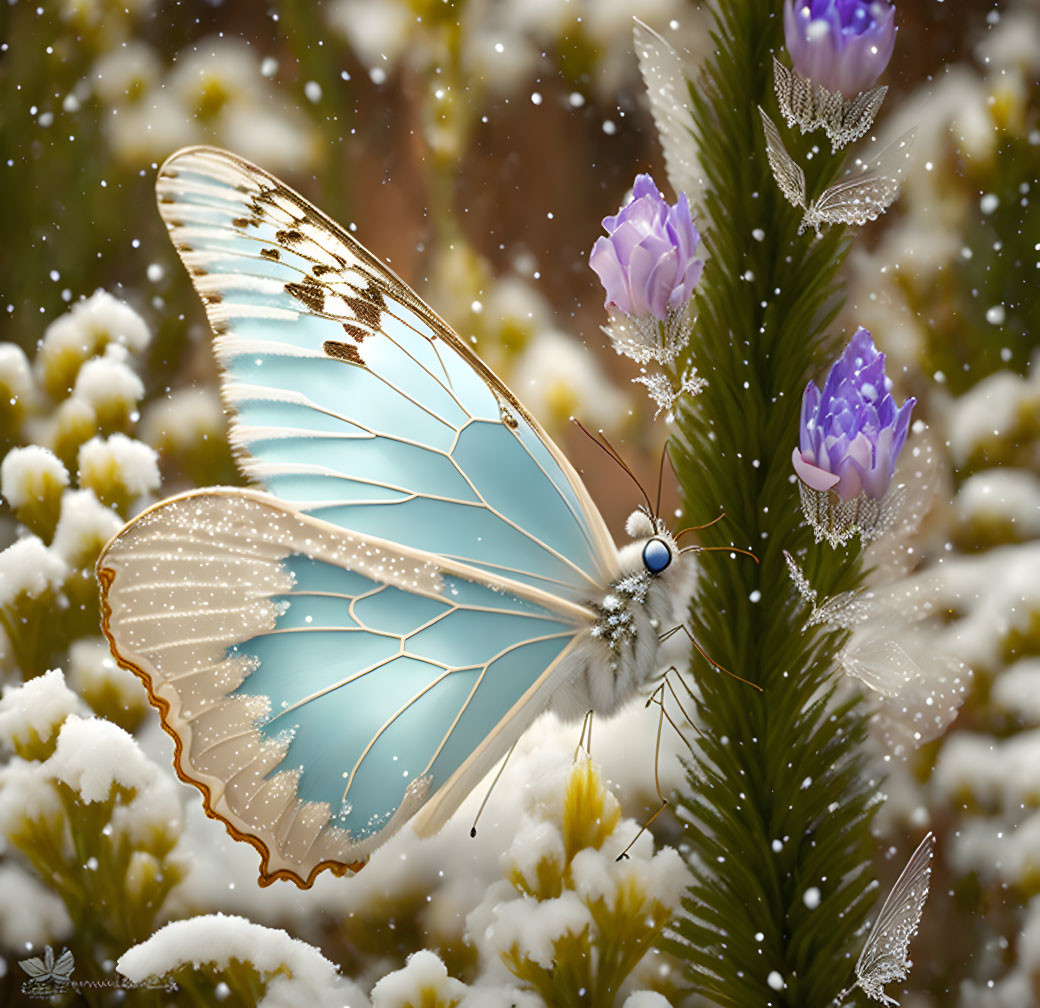 Blue butterfly with intricate wing patterns on snow-dusted pine branch with purple flowers