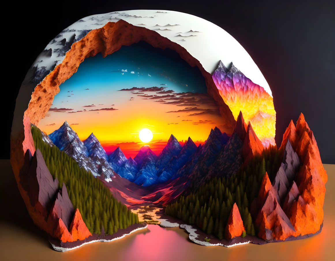 Surreal spherical landscape with mountains, sun, lake, and starry sky