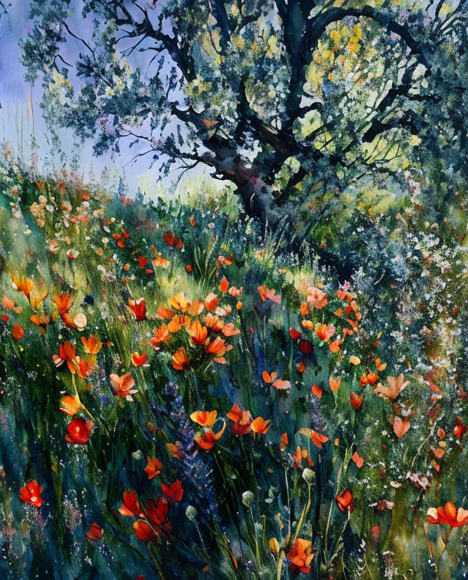 Colorful Watercolor Painting of Meadow with Red Poppies and Tree