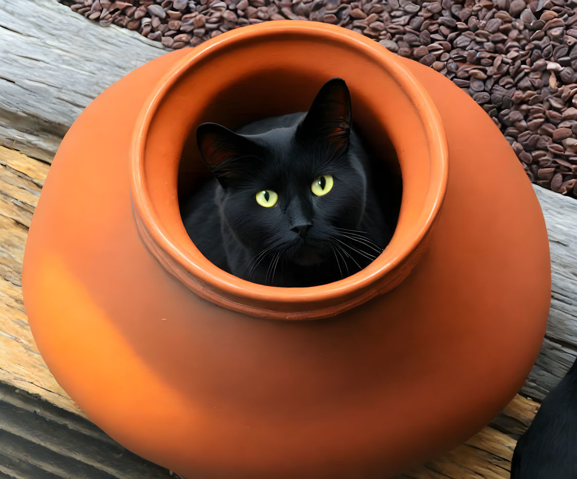 Black cat with yellow eyes in overturned terracotta pot on wood surface