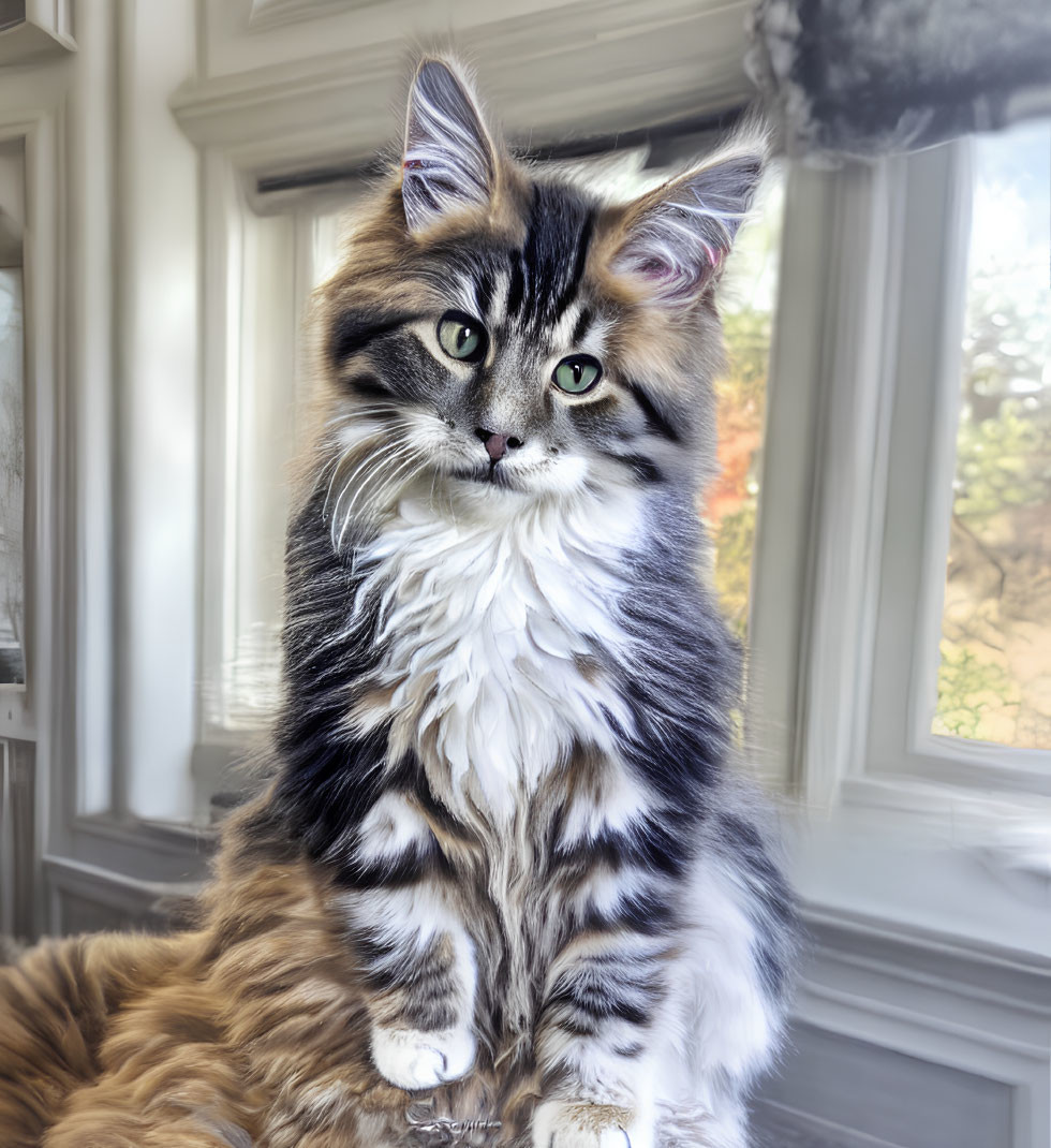 Long-Haired Tabby Cat with Green Eyes Sitting by Sunlit Window