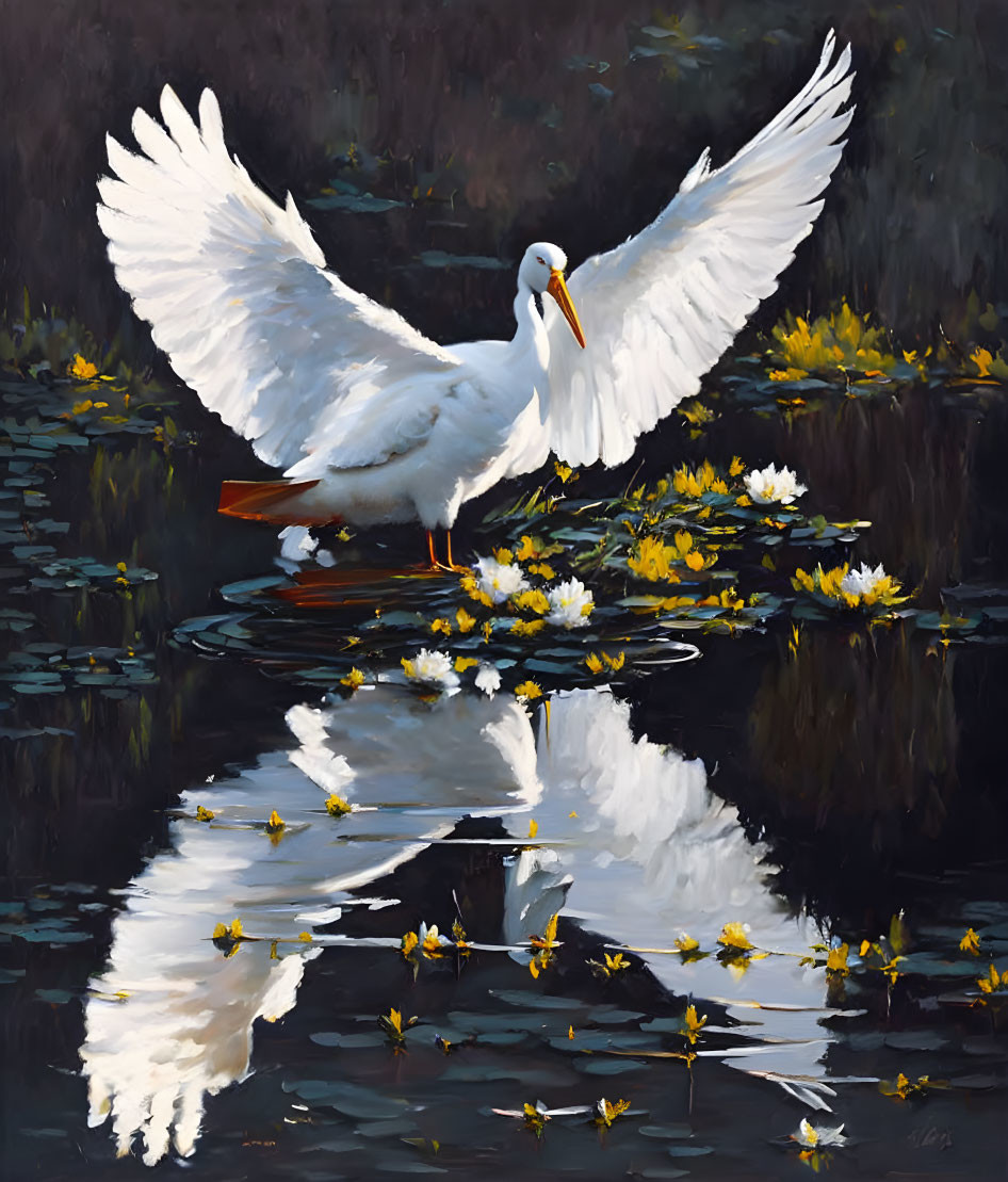 White Egret with Spread Wings in Dark Water Pond with Yellow Water Lilies