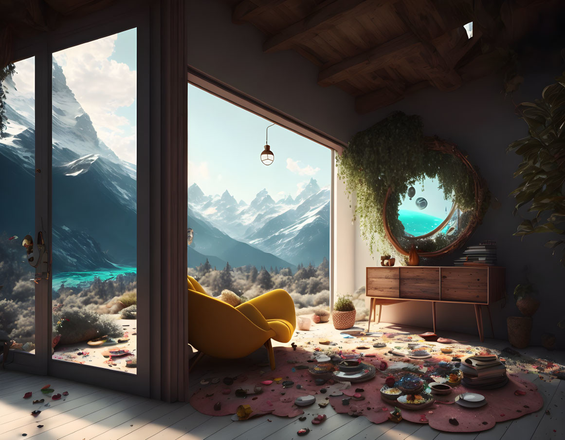 Yellow Sofa, Rose Petals, Mountain View, Wooden Furniture, Round Mirror