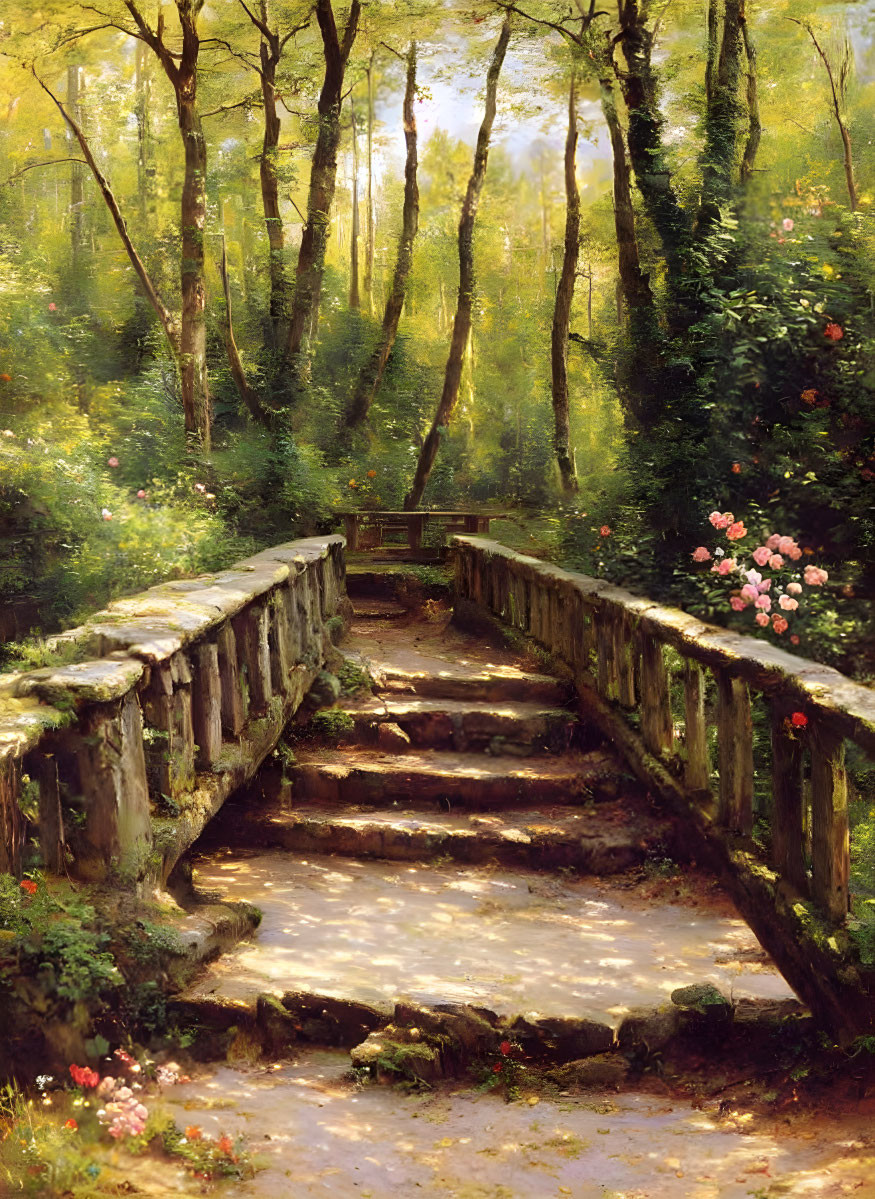 Sunlit Forest Scene: Stone Bridge, Blossoming Flowers