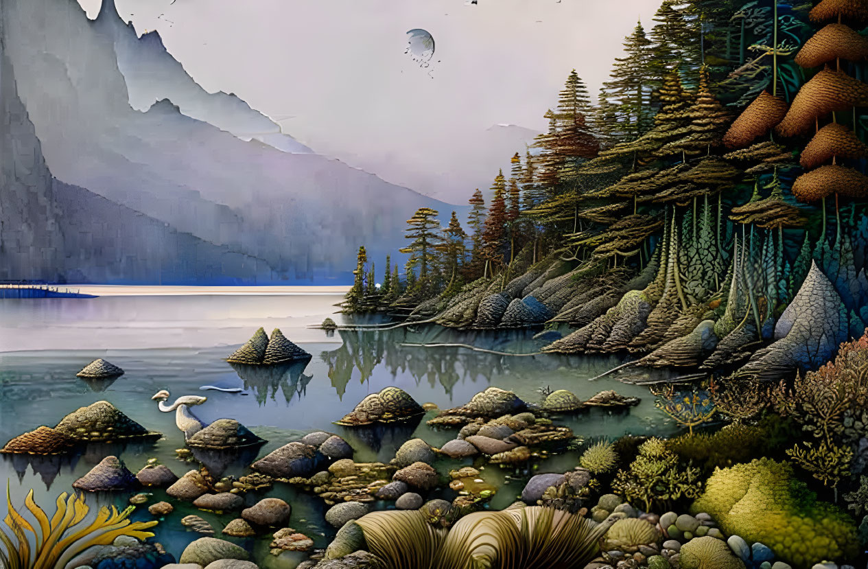 Tranquil landscape: forest, lake, misty mountains, swan, crescent moon