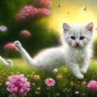 Fluffy white kitten in vibrant flower meadow