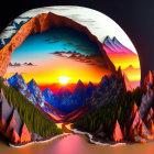 Surreal spherical landscape with mountains, sun, lake, and starry sky