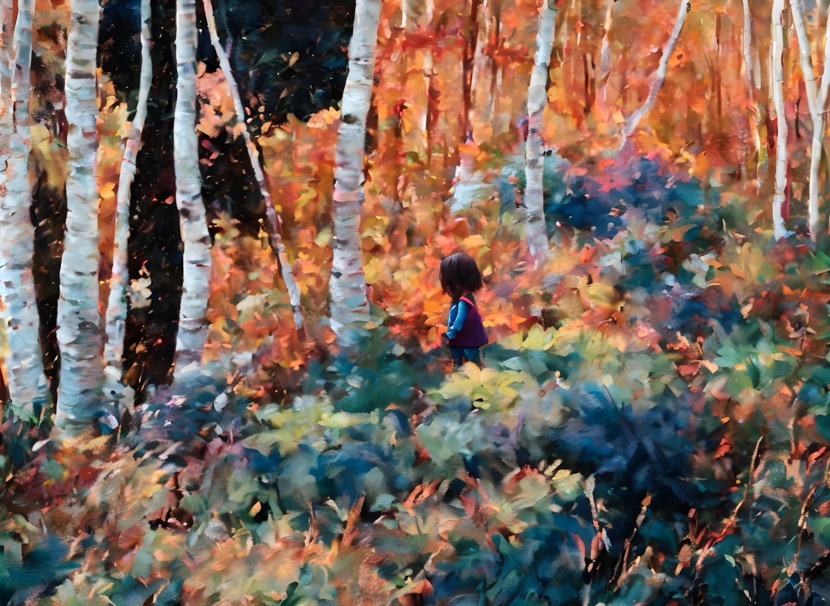 Person in Blue Shirt in Vibrant Autumn Forest with White-Barked Trees