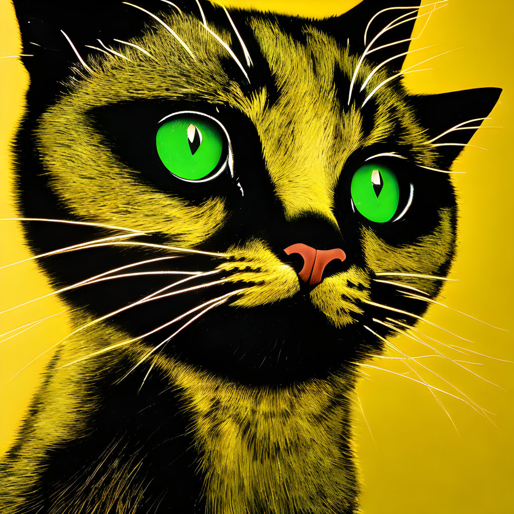 Stylized cat with green eyes and black/yellow fur on yellow backdrop