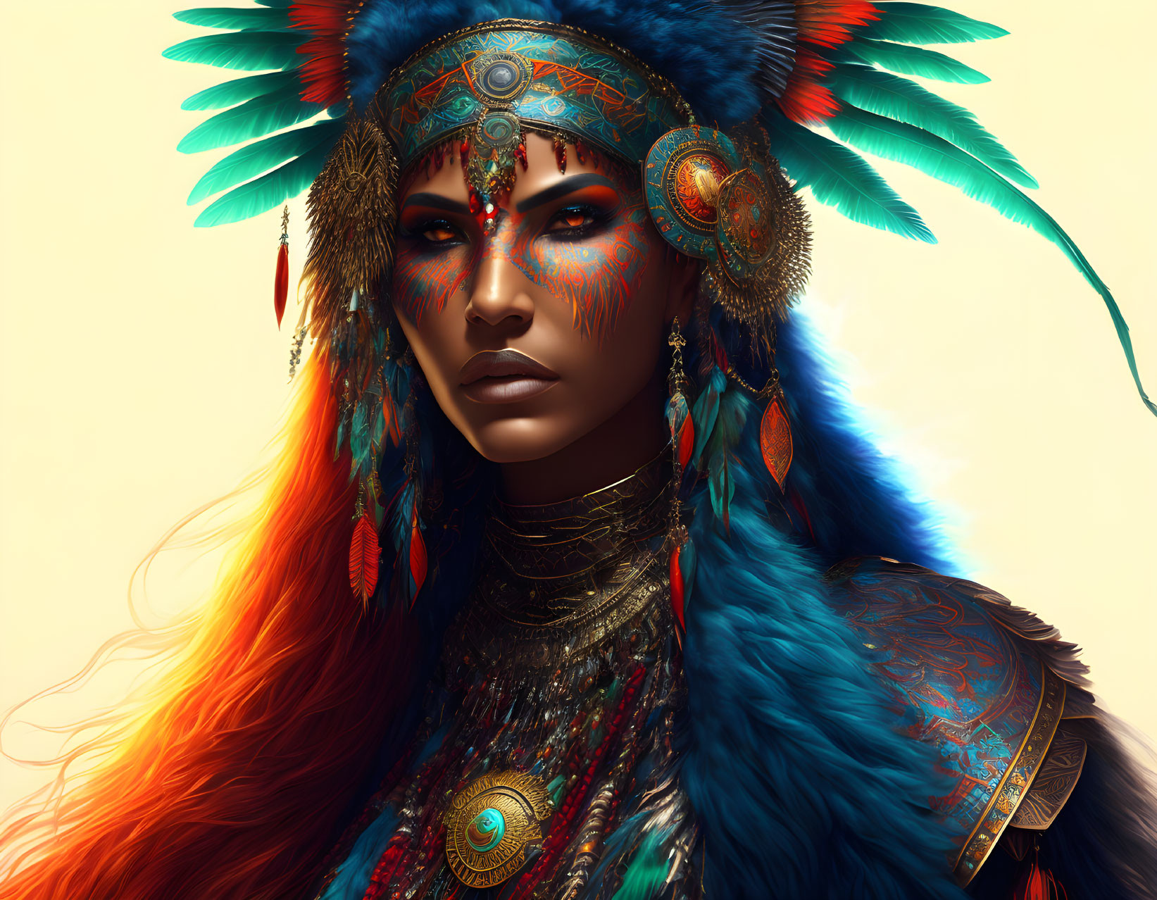 Digital portrait of a woman with feathered headdress and face paint, exuding mystical aura